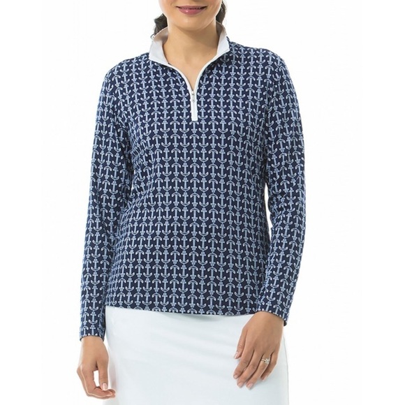 SanSoleil Sun Shirt Anchor Print Long Sleeve Quarter Zip - Picture 1 of 10
